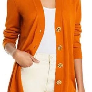 Tory Burch size Small Women's Long Orange Button Cardigan Sweater